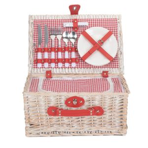 ZORMY Panier Pique-Nique Osier 2 Personnes – Compartiment Isotherme, Ustensiles Complets, Motif Carreaux Rouge Classique, Idéal Romantique