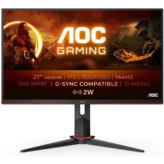 Ecran PC Gamer - AOC - 27G2AE/BK - 27"  - Dalle IPS - 1 MS - 144 Hz - G-Sync compatible - FreeSync Premium - Haut-parleurs  -