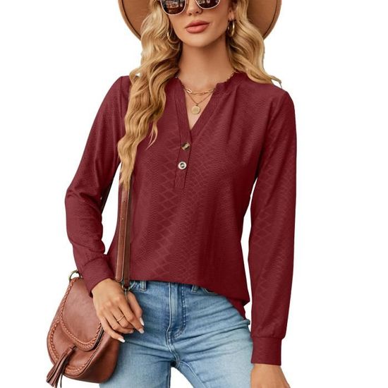 T-Shirt Femme Sahunfri - Manches Longues Col V - Coupe Slim Élégante - 60% Polyester 35% Viscose 5% Élasthanne