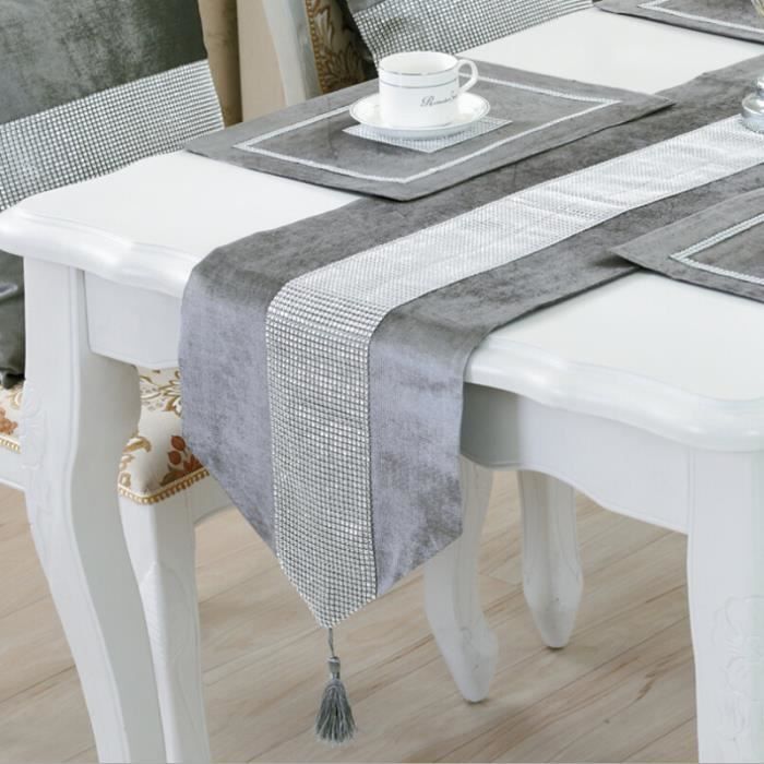 Étincelant Strass Linge Chemin de Table Nappe Nappe Décoration de Table avec Gland pour Dîner Partie Cuisine Maison (Gris)