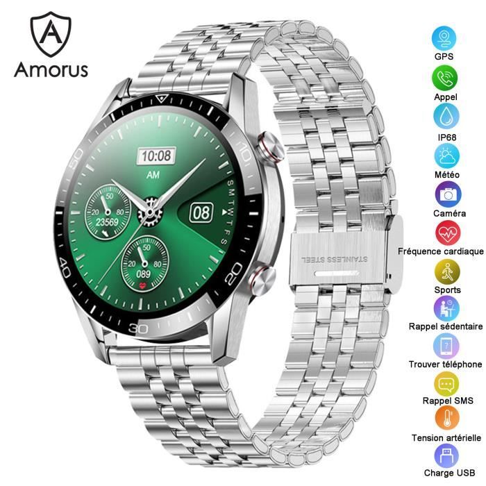 Montre Connectée Homme Tactile Bracelet en Metal Argent, Sport Multi-fonctions Montre GPS Fitness Fréquence Cardiaque Tracker