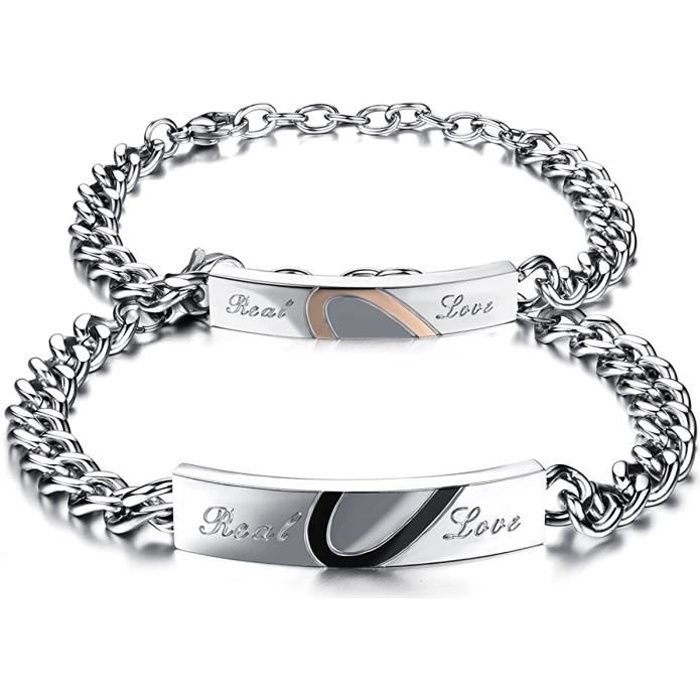 JewelryWe Bijoux 2PCS Real Love Bracelet Homme Femme Set Amour d'Amitie Cadeau Saint Valentin Puzzle Coeur Amoureux Couple Acier619