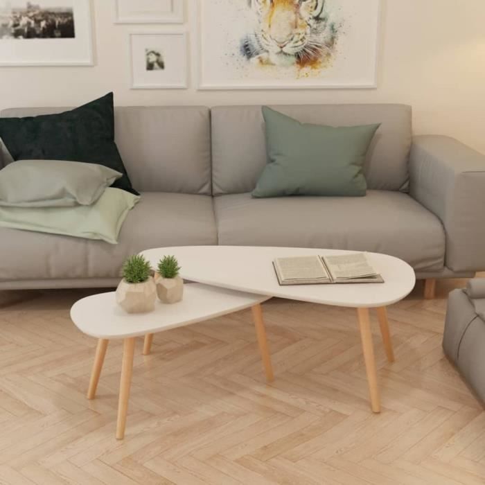 682865 - Design Furniture - Lot de 2 Table basse Scandinave - Bout de canapé Table à thé Bois de pin massif Blanc