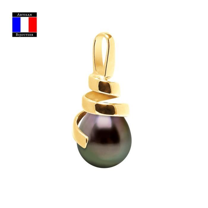 Compagnie Générale des Perles - Pendentif SPIRALE - Véritable Perle de Tahiti Poire 9-10 mm - Or Jaune 18 Cts - Bijou Femme