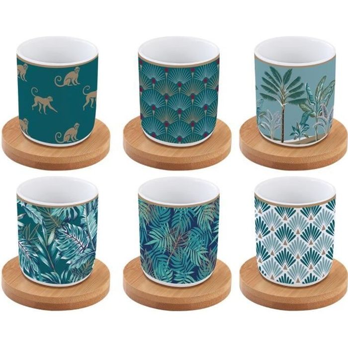 COFFRET 6 TASSES A CAFE EN PORCELAINE SOUS TASSES EN BAMBOU COFFEE MANIA JUNGLE - EASYLIFE