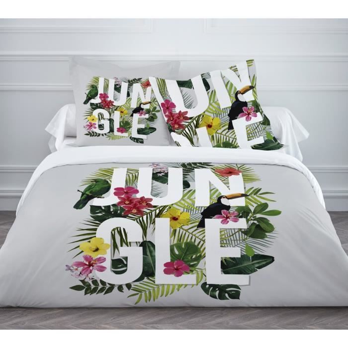 TODAY Parure de couette JUNGLE GREY 100% coton - 1 housse de couette 220x240cm + 2 taies d'oreillers 63x63cm - Blanc