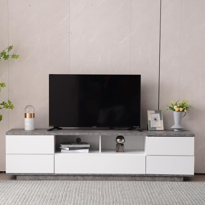 Meuble TV en Bois 180 cm - Blanc brillant - avec Étagères et Placards de Rangement - Support Télévision - 4 Portes -Style Moderne