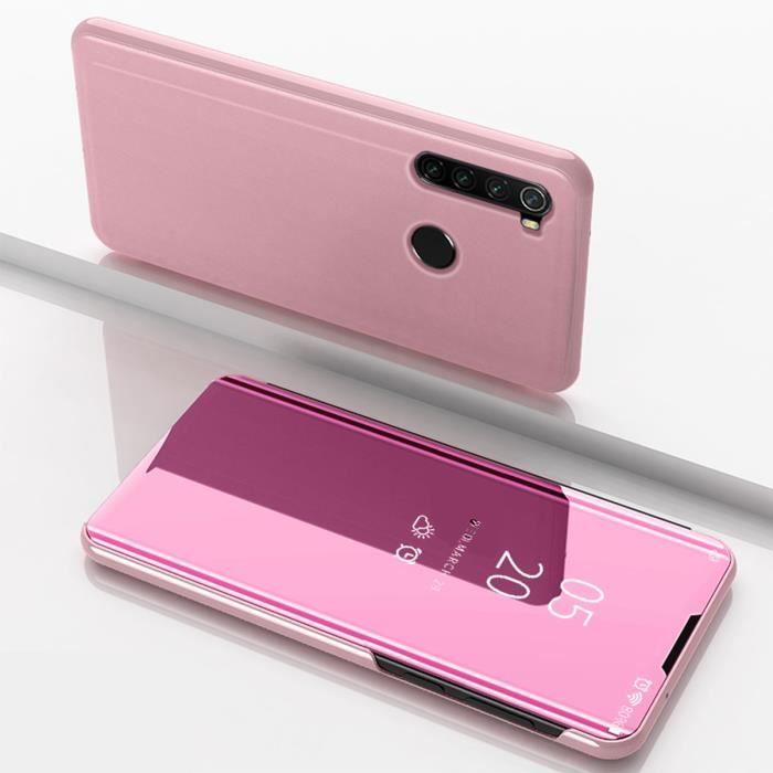 Coque Xiaomi Redmi Note 8,Clear View Étui à Rabat Translucide Standing Support Miroir Antichoc Portable Case - Rose or