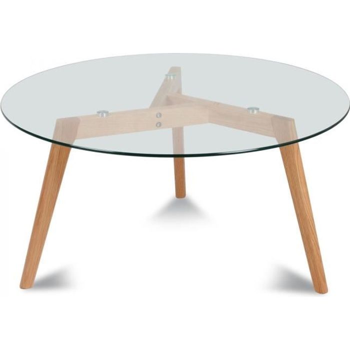 Table basse ronde verre et bois scandinave Fiord (D.60xH.45cm)