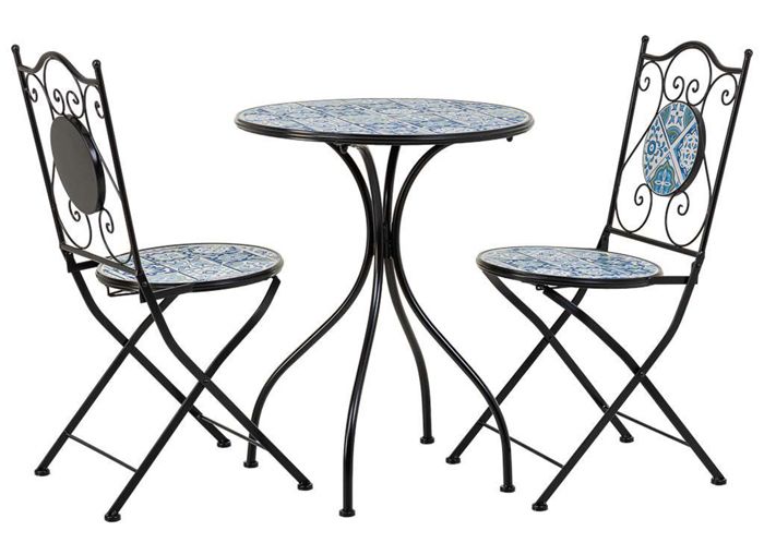 Ensemble de table ronde et 2 chaises en fer forgé coloris noir et mosaïque multicolore