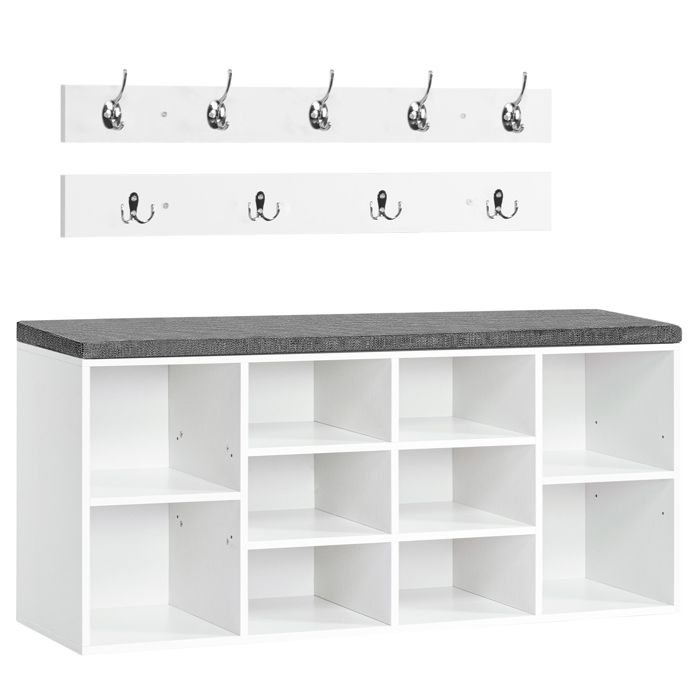 HOOBRO Banc à Chaussures Banc de Rangement avec 10 Compartiments Étagère à Chaussures Porte-Manteau Blanc et Gris