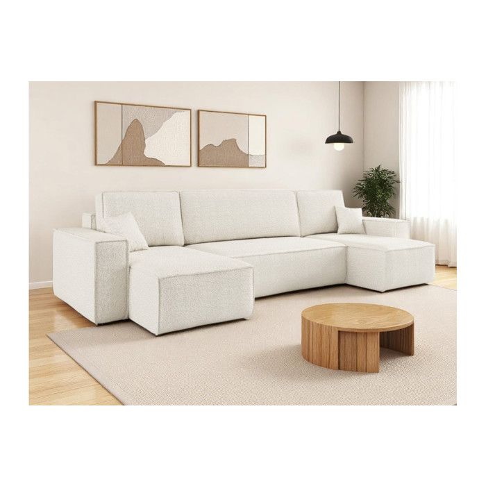 Canapé dangle FARAH panoramique convertible 6 places en tissu bouclette - Blanc Canapé dangle FARAH panoramique convertible 6 places en tissu bouclette - Blanc