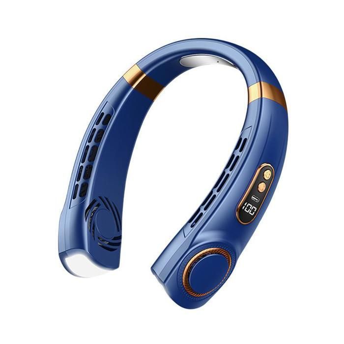 Ventilateur Tour de Cou Portable Rechargeable - 5 Vitesses - Éclairage LED Multicolore - Écran LED - 4000mAh - Bleu - Bytelike