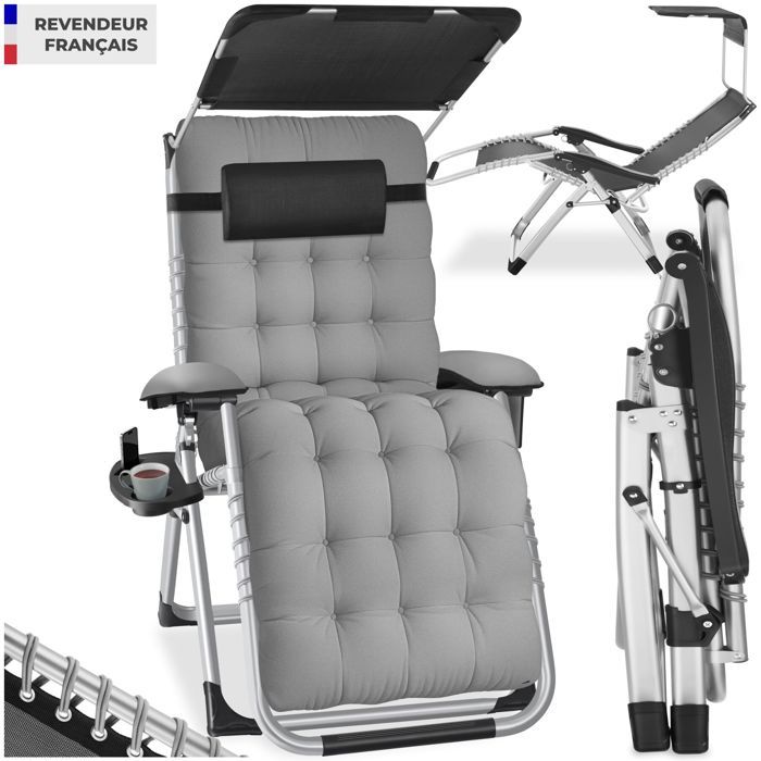 Chaise longue - TECTAKE - Transat CLOUD II pliable avec pare-soleil dossier repose-pieds réglables coussins amovibles - Gris Clair