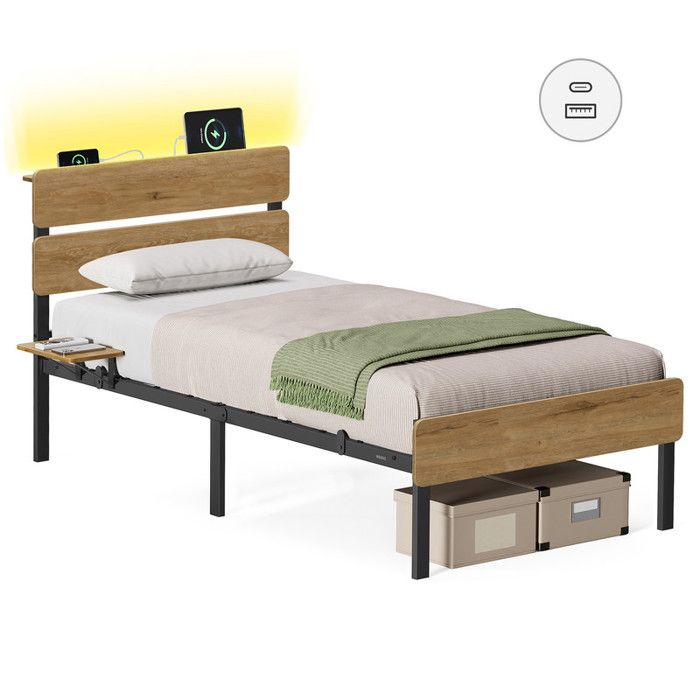 Cadre de Lit 90x190 avec Éclairage LED et Rangement VASAGLE