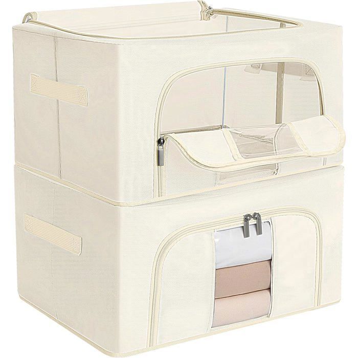 Lot de 2 Sac de Rangement Vêtement avec Fermeture clair 100L Boîtes de rangement avec Cadre Beige Multicolore BOITE DE RANGEMENT