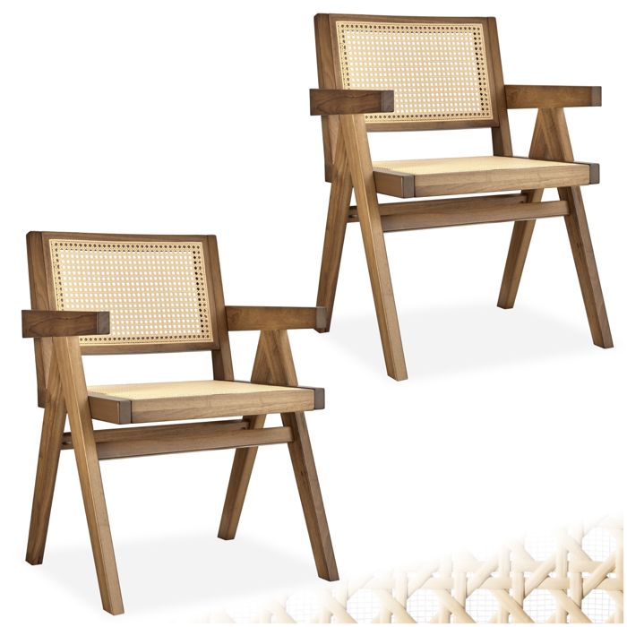 Chaise - TECTAKE - Lot de 2 fauteuils LISSY style boho cannage viennois en bois et accoudoirs 59 5 x 56 5 x 82 5 cm - Chêne clair Chaise - TECTAKE - Lot de 2 fauteuils LISSY style boho cannage viennois en bois et accoudoirs 59 5 x 56 5 x 82 5 cm - Chêne clair