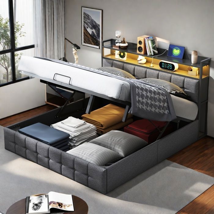 Lit coffre - Lin gris Premium - 140 x 190 cm - LED intégrée - Coffre de rangement