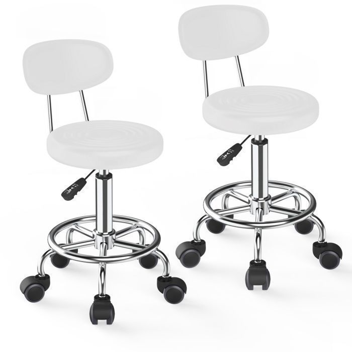 LVHCMFOHM Lot de 2 Tabourets de Bureau Avec Roulettes et Dossier Réglables en Hauteur Pivotants à 360° Blanc