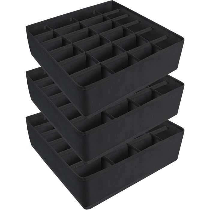 3PCS Organisateur Tiroir Pliable en Tissu 24 Cellules Boîtes Rangement Sous-Vêtements pour Chaussettes Culottes Ceintures Noir