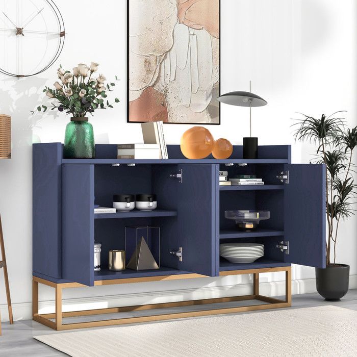 Armoire de rangement - 4 portes Bleu & Or - Étagères réglables - 120 x 80 cm - Design contemporain