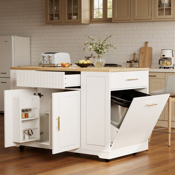 Îlot Central Cuisine Mobile avec Roulettes avec compartiment poubelle étagères réglables deux portes et trois tiroirs Blanc