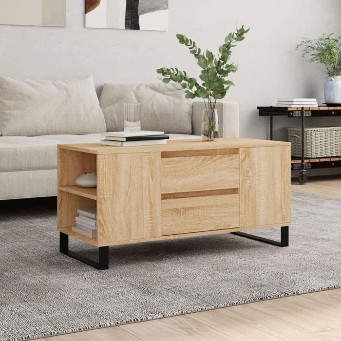Table basse rectangulaire moderne contemporaine chêne sonoma en bois et métal 2 tiroirs 102 x 44 5 x 50 cm pour salon