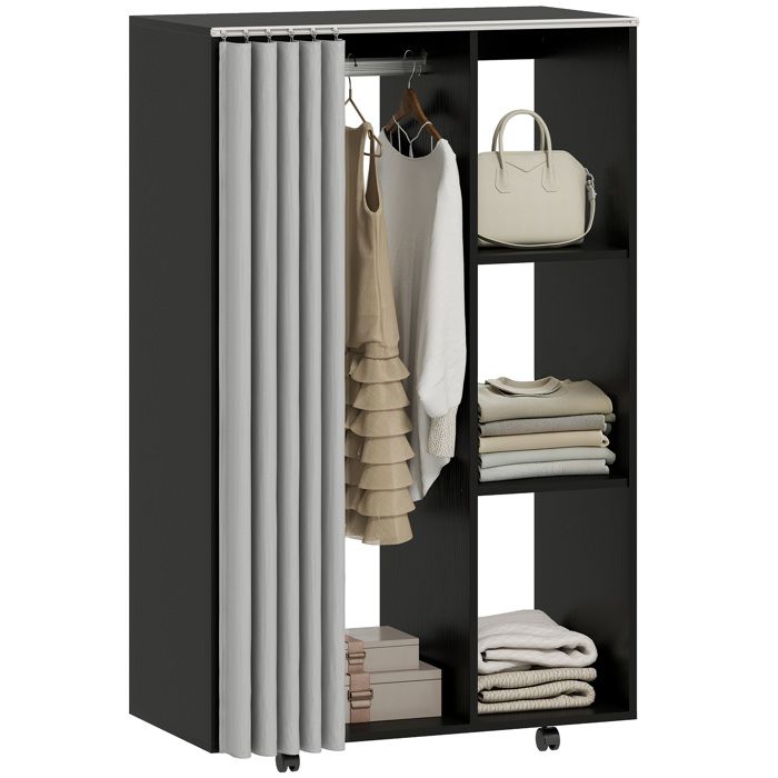 Armoire penderie - HOMCOM - mobile 4 roulettes - tringle à vêtements et étagères ouvertes - 80 x 40 x 128 cm - noir Armoire penderie - HOMCOM - mobile 4 roulettes - tringle à vêtements et étagères ouvertes - 80 x 40 x 128 cm - noir