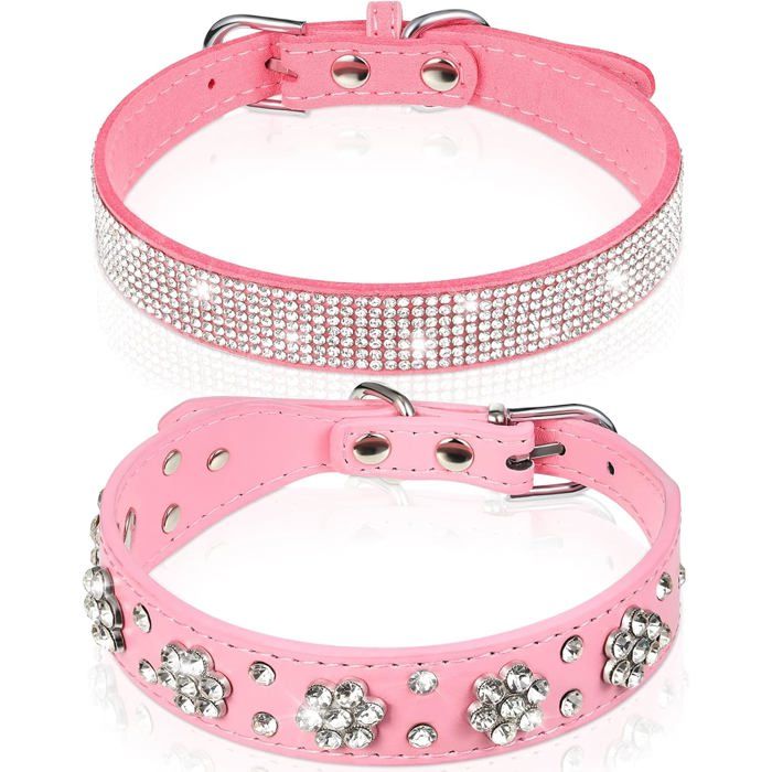 Comparer les prix de S-Collier pour chien en cuir PU rose ajustable pour petits chiens (taille S : 28-33 cm) - Strass brillants motif floral et