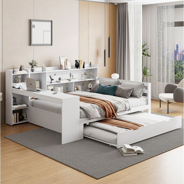Lit combiné 140 x 200 cm EVRYAE avec bureau bibliothèques rangements et lit gigogne bois massif blanc