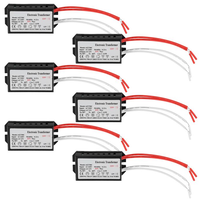 6 Pièces Transformateur Électronique 220V à 12V Adaptateur pour Lampe à Quartz Halogène en Cristal 50W