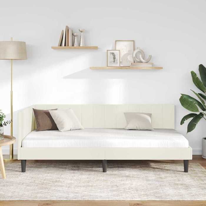 Structure de lit dangle - UU - 90x200 cm - Velours - Crème - Design en L - Cadre à lattes - Polyvalent - Hauteur 31 cm