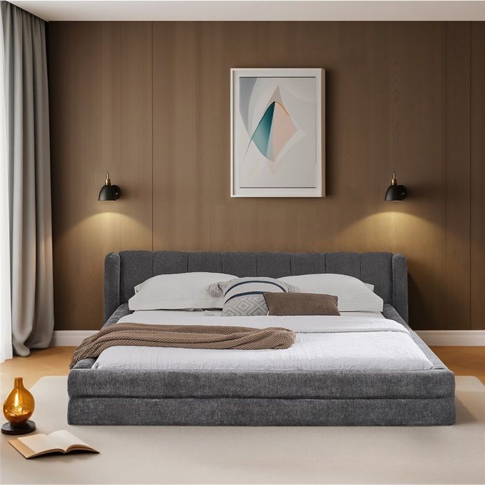 Lit enfant 140x200 cm avec dossier confortable Lit double rembourré avec cadre de lit en eucalyptus et fer Gris foncé Chenille
