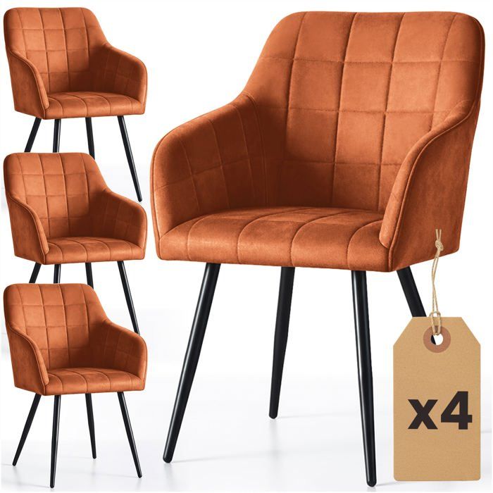 Lot de 4 Chaises rembourrées à surpiqûres carrées LUXANO Cuivre pieds noirs Lot de 4 Chaises rembourrées à surpiqûres carrées LUXANO Cuivre pieds noirs