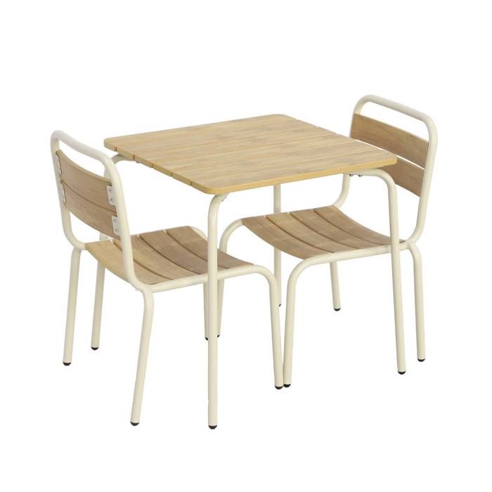 Table de jardin enfant acier et décor bois + 2 assises beige - Suzie