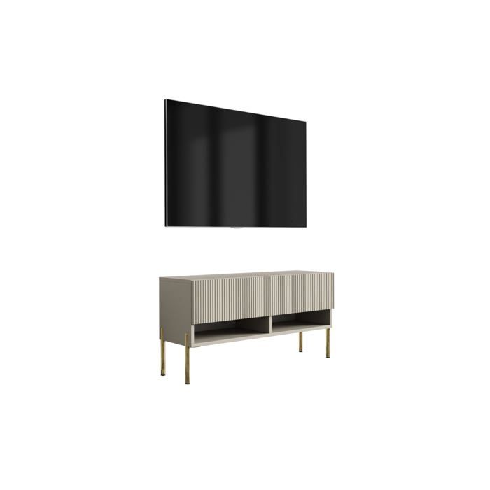 Meuble TV avec façade rainurée coloris Cachemire pieds droits dorés 100 × 32 × 52 cm