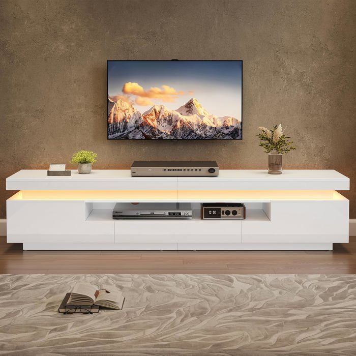 Meuble TV Blanc Laqué avec LED 16 Couleurs 2 Porte 1 Tiroirs 160 cm pour Téléviseur Jusquà 70 Pouces Design Moderne Élégant