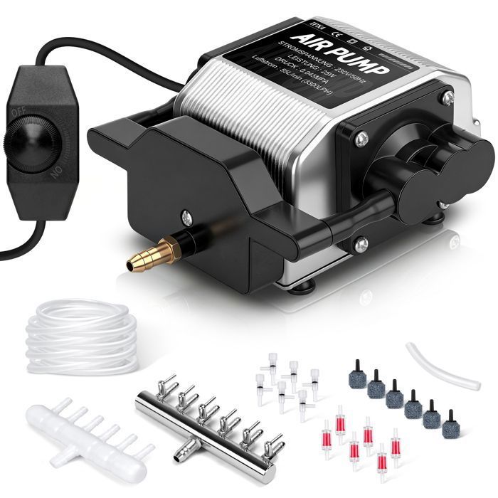 Meilleurs prix pour Pompe à Air 25W 3300L/H pour Aquarium / Bassin avec 6 Diffuseurs dair 45kPa 6 Sorties 48dB Aérateur Réglable en Aluminium