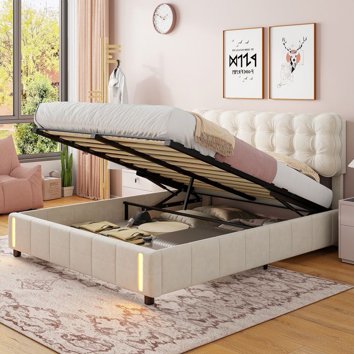 Lit coffre 140x190 cm lit adulte double avec tete de lit et sommier a lattes band LED beige Lit coffre 140x190 cm lit adulte double avec tete de lit et sommier a lattes band LED beige