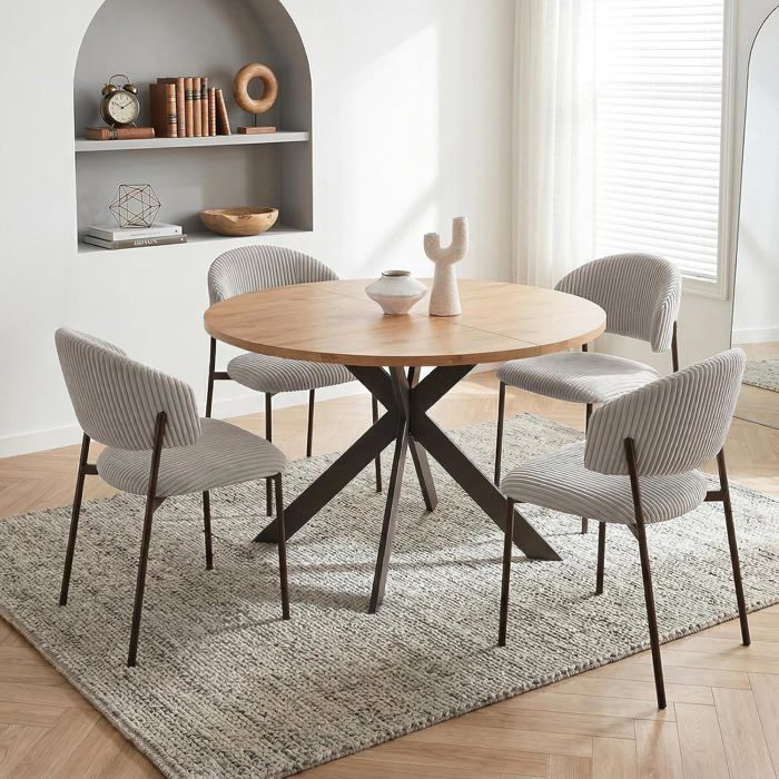 JIEXI Ensemble table et chaises rondes en avec 4 chaises - Plateau en MDF avec pieds en métal (velours côtelé - Gris clair)