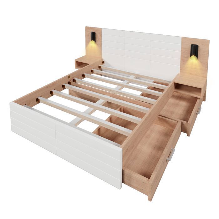 Lit Double 140x200 cm – Blanc/Chêne – 2 Tiroirs – 2 Tables Nuit – Lampe USB – Sommier