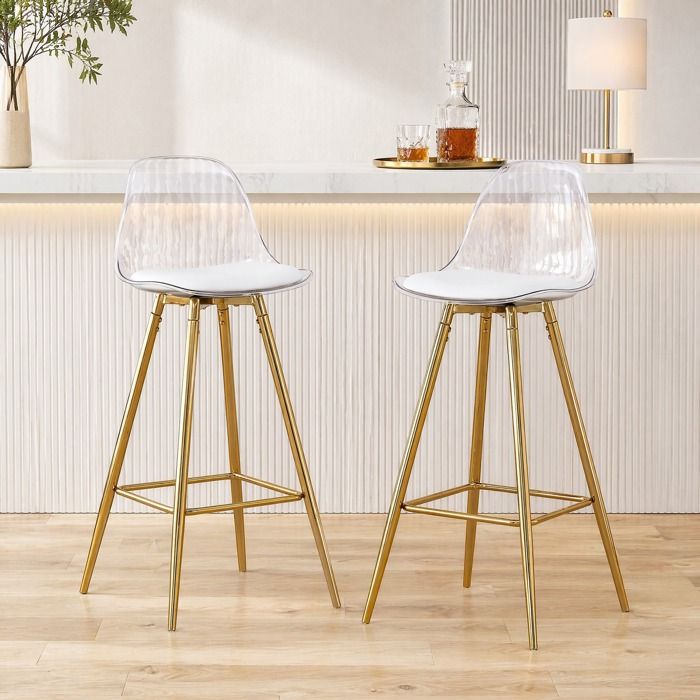 Tabourets de bar lot de 2 avec dossier transparent - BEAUNIV - structure métal doré assise 698 cm plastique transparent et or