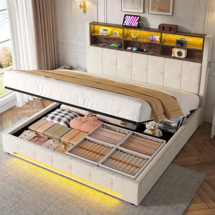 Lit Coffre hydraulique - LEMONBEST - 180x200 cm - Tête rembourrée 6 rangements - LED intégrée - USB-C