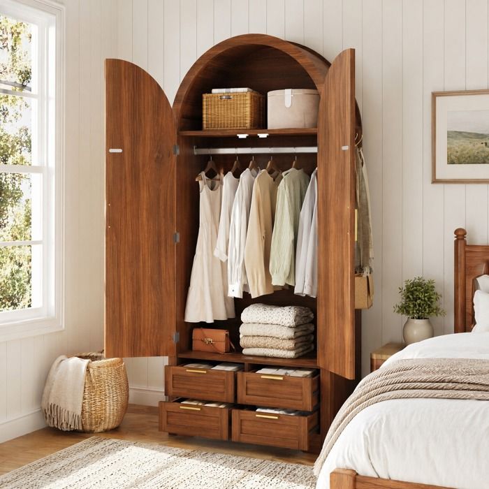 Armoire de chambre 2 portes en rotin et 4 tiroirs penderie et étagères MDF noyer 80 x 50 x 179 cm