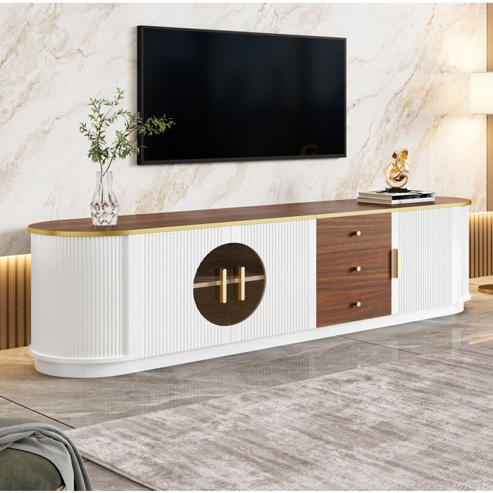 Meuble TV lowboard 180 cm blanc 3 portes 3 tiroirs MDF verre brun gestion des câbles
