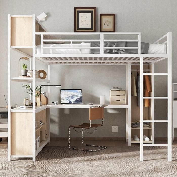 Lit mezzanine métal lit superposé bureau double rangement armoire intégrée acier panneau de particules 140x200cm blanc