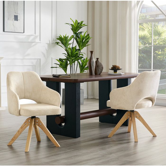 ROVRYN Lot de 2 chaises pivotantes de salle a manger 45 x 48 x 85 cm tissu texture beige-blanc bois massif