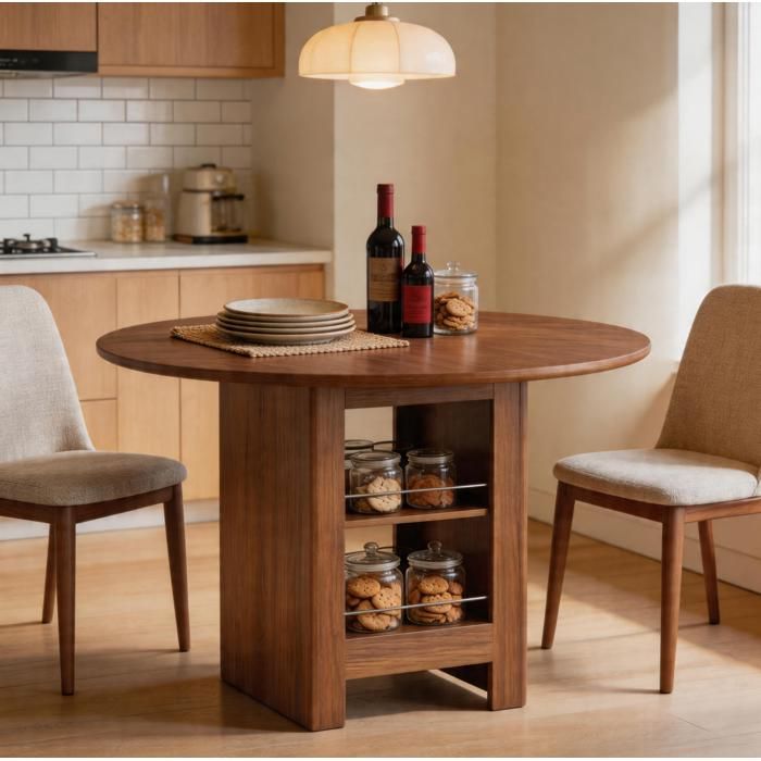 ROVRYN Table a manger ronde 100 cm avec rangements ouverts aspect noyer MDF marron 4 a 6 personnes