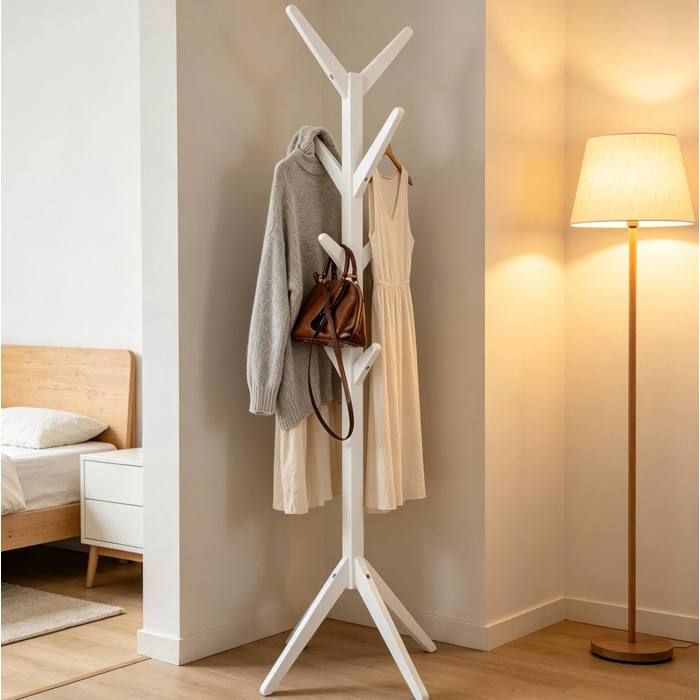 Portemanteau sur pied blanc 180 cm - 8 crochets montage facile