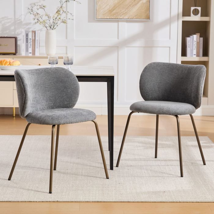 Lot de 2 chaises salle à manger grises chenille dossier courbé piètement métal bronze design moderne
